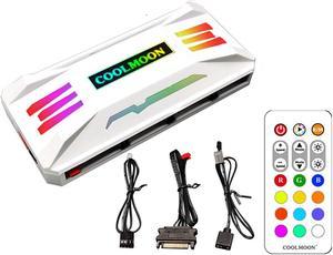 COOLMOON Pwm Fan Temperature Controller Integrator, Remote Control PC RGB Light Adapter, 8*4pin Fan Speed Controller Port, 10*5v 3pin A-RGB Port with Magnet (White)