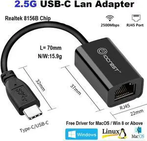 Aomoproing FOR 2500Mbps Type-C 2.5G External Wired Ethernet Network Card RTL8156 USB3.1 RJ45 Converter Lan Adapter For Win10
