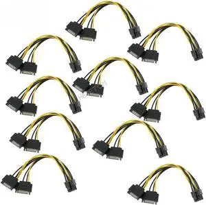 Aomoproing FOR 10PCS Dual 15 Pin Male Cable To (6+2) 8 Pin Male PCIE PCI Express Video Card SATA Power Cable Adapter Data Cables 20CM