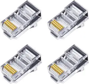 Aomoproing 100Pcs RJ45 Connector 6U Gold Plated Pass Through Ethernet Cables Module Plug Network RJ-45 Crystal Heads Cat5 Cat5E