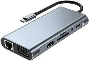 Aomoproing FOR 11 in 1 Type C USB Hub 3.0 Splitter Multiport Adapter 4K HDMI-Compatible RJ45 SD/TF VGA PD Audio Jack Ethernet Port