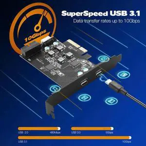 Aomoproing PCIe To USB 3.1 Type-c Gen2 Adapter Card with 10G 2 Port Expansion Card Internal 20/19 Pin + Type-e USB C Hub Add on Cards Riser