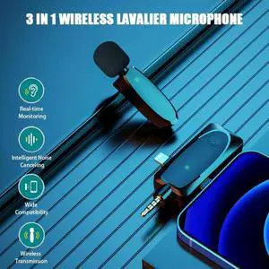 Aomoproing 3 in 1 Wireless Lavalier Microphone with Audio Monitor Function Vlog Mic for Iphone Android Computer Camera