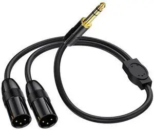 Aomoproing For 6.35mm TRS Male Plug to 2 Dual XLR Male Microphone Stereo Unbalanced Audio Converter Adapter Y Splitte Cable Cord-C