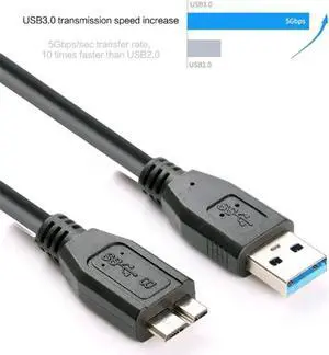 Aomoproing Cable de datos para disco duro externo, Cable negro Mini portátil USB 3,0 macho A Micro B, 30CM