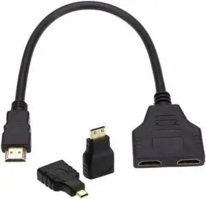 Aomoproing Cable HDMI-compatible to Dual HDMI-compatible Female Y Splitter Switch Extension Adapter Cable with Micro & Mini HDMI Adapter