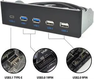 Aomoproing 5.25 Inch USB 3.1 GEN2 Front Panel USB Hub 2 Ports USB 3.0 + 2 Ports USB2.0 + 1 Port TYPE-C with TYPE-E Connector for Desktop PC