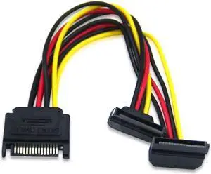 Aomoproing SATA Right Angle 1 to 2 ways 15Pin Sata Power Supply Extension Cable Male to dual Female SATA SSD Power Port Multiplier