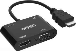 Aomoproing ONTEN HDMI to VGA HDMI Adapter, HDMI Splitter 1 HDMI in VGA HDMI 2 Out , HDMI to HDMI VGA Adapter for Computer, Desktop, Laptop, PC, MonitorPower Supply