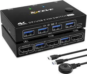 Aomoproing USB 3.0 KVM Switch DisplayPort 2 Ports 3440x1440@144Hz,3840x2160@60Hz for 2 PC 1 Monitor to Share 4 USB 3.0 Devices,DP KVM Switch 2 in 1 Out Includes 2 USB3.0 Cables and Wired Controller