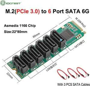 Aomoproing IOCREST M.2 (PCIe 3.0) to 6 Ports SATA III 6G SSD Adapter with 3 SATAIII Cable PCIe Gen3x2 Non-RAID Asmedia 1166 Chip