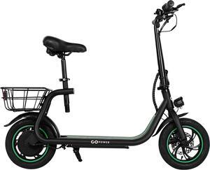 GoPowerBike GoFlow Electric Scooter with Seat | Comfortable Seat, Rear Basket, and Throttle Control | 16 mph Top Speed - 12 mile Range | 12" Tires | IP54 Waterproof