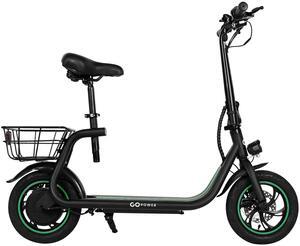 GoPowerBike GoFlow Electric Scooter with Seat | Comfortable Seat, Rear Basket, and Throttle Control | 16 mph Top Speed | 12 mile Range | 12" Tires | IP54 Waterproof
