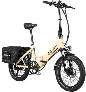GoPowerBike GoPlus Folding Electric Bike | 20" Fat Tire eBike | 500W Motor, 20mph Top Speed | 45+ Mile Range, 5 Pedal-Assist Levels | Removable Battery | Class 1 & 2 sand