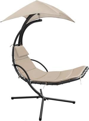Devoko Patio Hammock Lounge Chair Outdoor Hanging Chaise Lounge Swing Chair for Adults Backyard Garden Deck Canopy Umbrella Free Standing Floating Bed Furniture (Beige)
