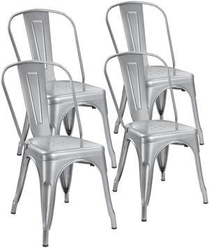 Devoko Metal Indoor-Outdoor Chairs Distressed Style Kitchen Dining Chairs Stackable Side Chairs with Back Set of 4 (Silver)