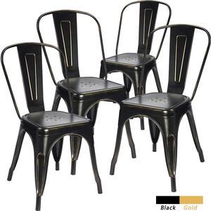 Devoko Metal Indoor-Outdoor Chairs Distressed Style Kitchen Dining Chairs Stackable Side Chairs with Back Set of 4 (Black Gold)