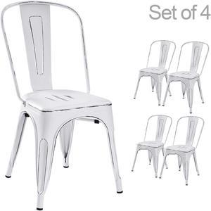 Devoko Metal Indoor-Outdoor Chairs Distressed Style Kitchen Dining Chairs Stackable Side Chairs with Back Set of 4 (White)