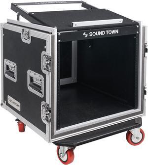 Sound Town Shock Mount 10U ATA Rack Case with 20” Rackable Depth, 11U Slant Mixer Top and Casters, 10-Space Size (STMR-SP10UW)