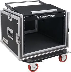 Sound Town Shock Mount 8U ATA Rack Case with 20” Rackable Depth, 11U Slant Mixer Top and Casters, 8-Space Size (STMR-SP8UW)