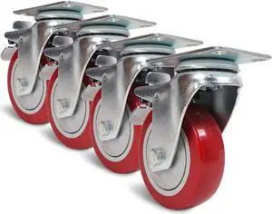 Sound Town 4 Pack 4” Swivel Caster Wheels with Red Polyurethane and Brake Casters, Replacement Caster Wheels for Rack Case, Home Furniture, Industrial Trailer
