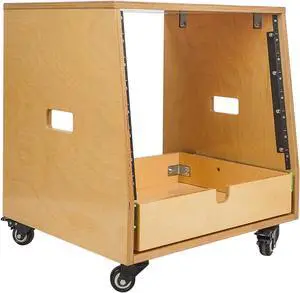 Sound Town 8U DIY Slanted Studio Rack with 8U Rack Space, Extra 2U Drawer, Plywood, Rubber Feet, Casters, Golden Oak (SDRK-8TD2)