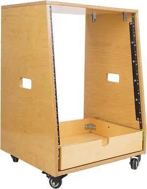 Sound Town 12U DIY Slanted Studio Rack with 12U Rack Space, Extra 2U Drawer, Plywood, Rubber Feet, Casters, Golden Oak (SDRK-12TD2)