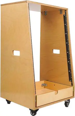 Sound Town 16U DIY Slanted Studio Rack with 16U Rack Space, Extra 2U Drawer, Plywood, Rubber Feet, Casters, Golden Oak (SDRK-16TD2)