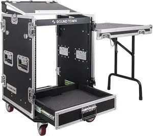 Sound Town 14U PA DJ Pro Audio Rack/Road ATA Case with 2U Drawer, 11U Slant Mixer Top, DJ Work Table, Casters, Pro Tour Grade (MR-DR14UT)