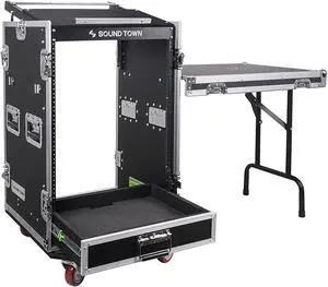 Sound Town 16U PA DJ Pro Audio Rack/Road ATA Case with 2U Drawer, 11U Slant Mixer Top, DJ Work Table, Casters, Pro Tour Grade (MR-DR16UT)