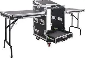 Sound Town 14U PA DJ Pro Audio Rack/Road ATA Case with 2U Drawer, 11U Slant Mixer Top, Two DJ Work Tables, Casters, Pro Tour Grade (MR-DR14UT2)