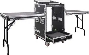 Sound Town 16U PA DJ Pro Audio Rack/Road ATA Case with 2U Drawer, 11U Slant Mixer Top, Two DJ Work Tables, Casters, Pro Tour Grade (MR-DR16UT2)