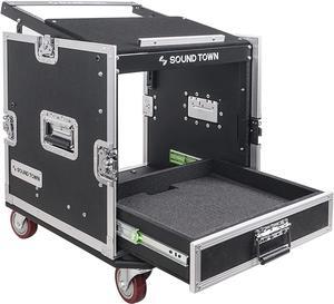 Sound Town 10U PA DJ Pro Audio Rack/Road ATA Case with 2U Drawer, 11U Slant Mixer Top, DJ Work Table, Casters, Pro Tour Grade (MR-DR10U)