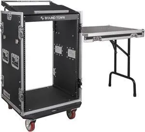 Sound Town 16U PA/DJ Rack/Road Case with 11U Slant Mixer Top, 20’’ Rackable Depth, DJ Work Table and Casters, 16-Space Size, Pro Tour Grade (STMR-16UWT)