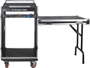 Sound Town PA DJ Combo with 16U Rack/Road ATA Case w/Slant Mixer Top, DJ Work Table, One 10 Outlet AC Power Conditioner/Sequencer (STMR-16TPS10)