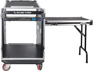 Sound Town PA DJ Combo with 14U Rack/Road ATA Case w/Slant Mixer Top, DJ Work Table, One 10 Outlet AC Power Conditioner/Sequencer (STMR-14TPS10)