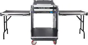 Sound Town PA DJ Combo with 14U Rack/Road ATA Case w/Slant Mixer Top, 2 DJ Tables and Casters, One 10 Outlet AC Power Conditioner/Sequencer (STMR-14T2PS10)