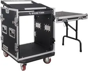 Sound Town 12U PA DJ Pro Audio Rack/Road ATA Case with 11U Slant Mixer Top, Locking Drawer, Side Table, 20’’ Rackable Depth and Casters (STMR-12TD2)