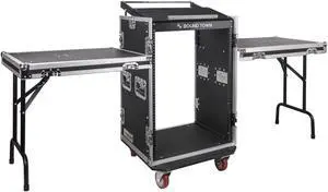 Sound Town 16U PA DJ Rack/Road ATA Case with 11U Slant Mixer Top, 20" Rackable Depth, 2 DJ Work Tables and Casters, Pro Tour Grade (STMR-16UWT2)