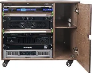 Sound Town DIY 11U Plywood Studio Rack with Slide-Out Trays, Cabinet, Casters, Weathered Gray, for Recording Room, Home Studio (SDRK-CR11B)