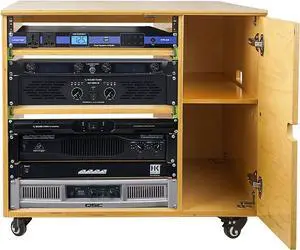 Sound Town DIY 11U Plywood Studio Rack with Slide-Out Trays, Cabinet, Casters, Golden Oak, for Recording Room, Home Studio (SDRK-CR11)