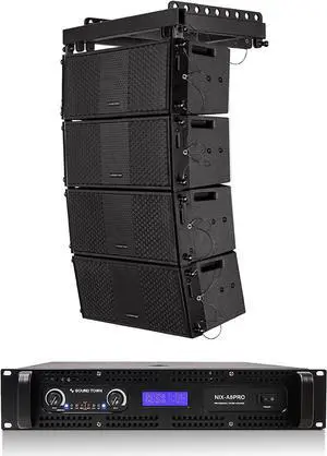 Sound Town ZETHUS Four Dual 8-inch Line Array Speaker and Professional Amplifier System Combo Set, Full Range/Bi-amp Switchable, Black (ZETHUS-208X4A6)