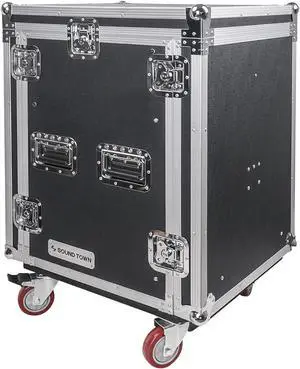 Sound Town 14U PA DJ Pro Audio Rack/Road ATA Case with 11U Slant Mixer Top, Locking Drawer, 20’’ Rackable Depth and Casters (STMR-14D3)