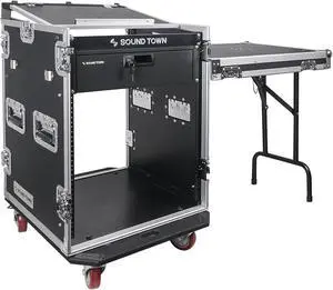 Sound Town 14U PA DJ Pro Audio Rack/Road ATA Case with 11U Slant Mixer Top, Locking Drawer, Side Table, 20’’ Rackable Depth and Casters (STMR-14TD3)
