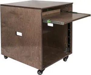 Sound Town 10U Plywood Studio Rack Desk with Slide-Out Tray, Rubber Feet, Casters, for Recording, Podcasts, Broadcasts, Streaming, Weathered Gray (SDRK-ST10B)