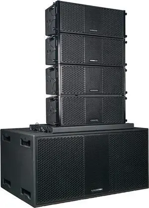 Sound Town ZETHUS Series Line Array Speaker System with One Dual 18-inch Subwoofer, Four Compact Dual 8-inch PA Speakers, One Stack Adapter, Black (ZETHUS-218S208X4)