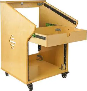 Sound Town DIY Studio Rack with 11U Slant Mixer Top, 8U Front, 2U Drawer, Rubber Feet, Casters, Baltic Plywood, Golden Oak (SDRK-M11X8)