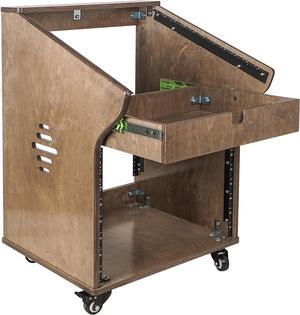 Sound Town DIY Studio Rack with 11U Slant Mixer Top, 8U Front, 2U Drawer, Rubber Feet, Casters, Baltic Plywood, Weathered Grey (SDRK-M11X8B)