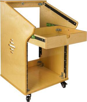 Sound Town DIY Studio Rack with 11U Slant Mixer Top, 10U Front, 2U Drawer, Rubber Feet, Casters, Baltic Plywood, Golden Oak (SDRK-M11X10)