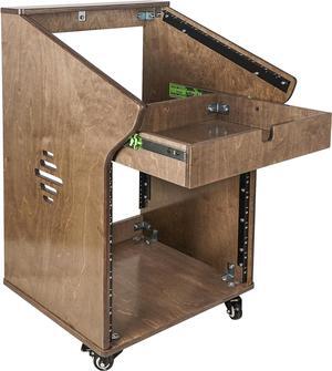 Sound Town DIY Studio Rack with 11U Slant Mixer Top, 10U Front, 2U Drawer, Rubber Feet, Casters, Baltic Plywood, Weathered Grey (SDRK-M11X10B)